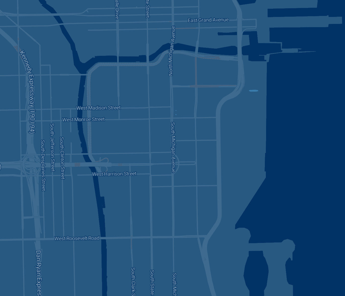 Screenshot of downtown Chicago with sparse road information in FlightAware's new map