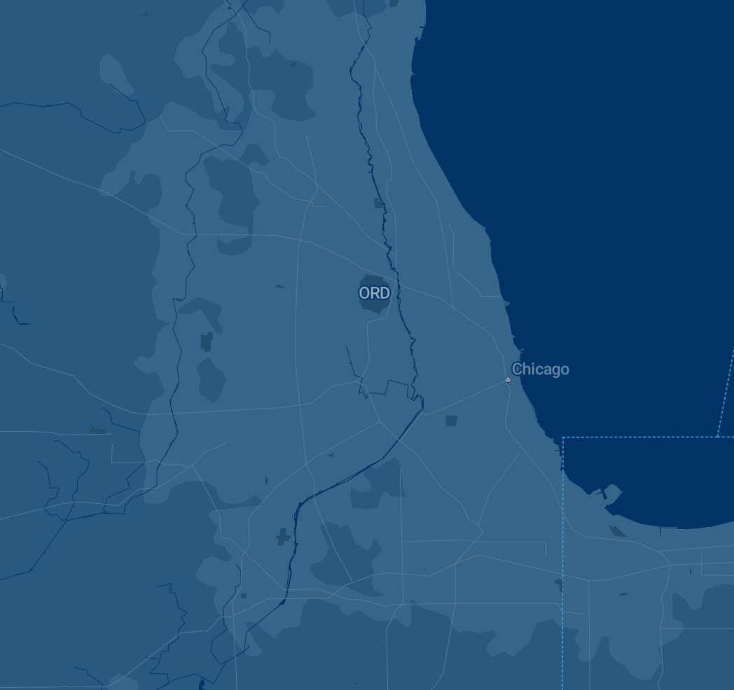 Animation showing FlightAware map slightly zooming in and showing different road detail