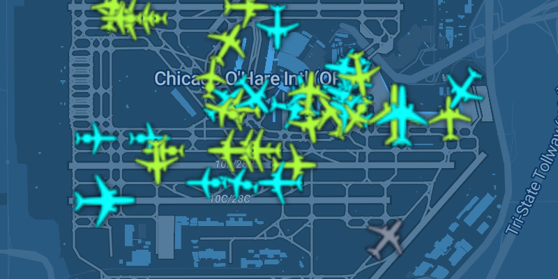 Screenshot of FlightAware map showing a closer view of O'Hare along with icons for aircraft on the ground there