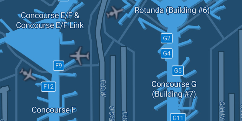 Screenshot of FlightAware map showing a closer view of O'Hare with gates labeled