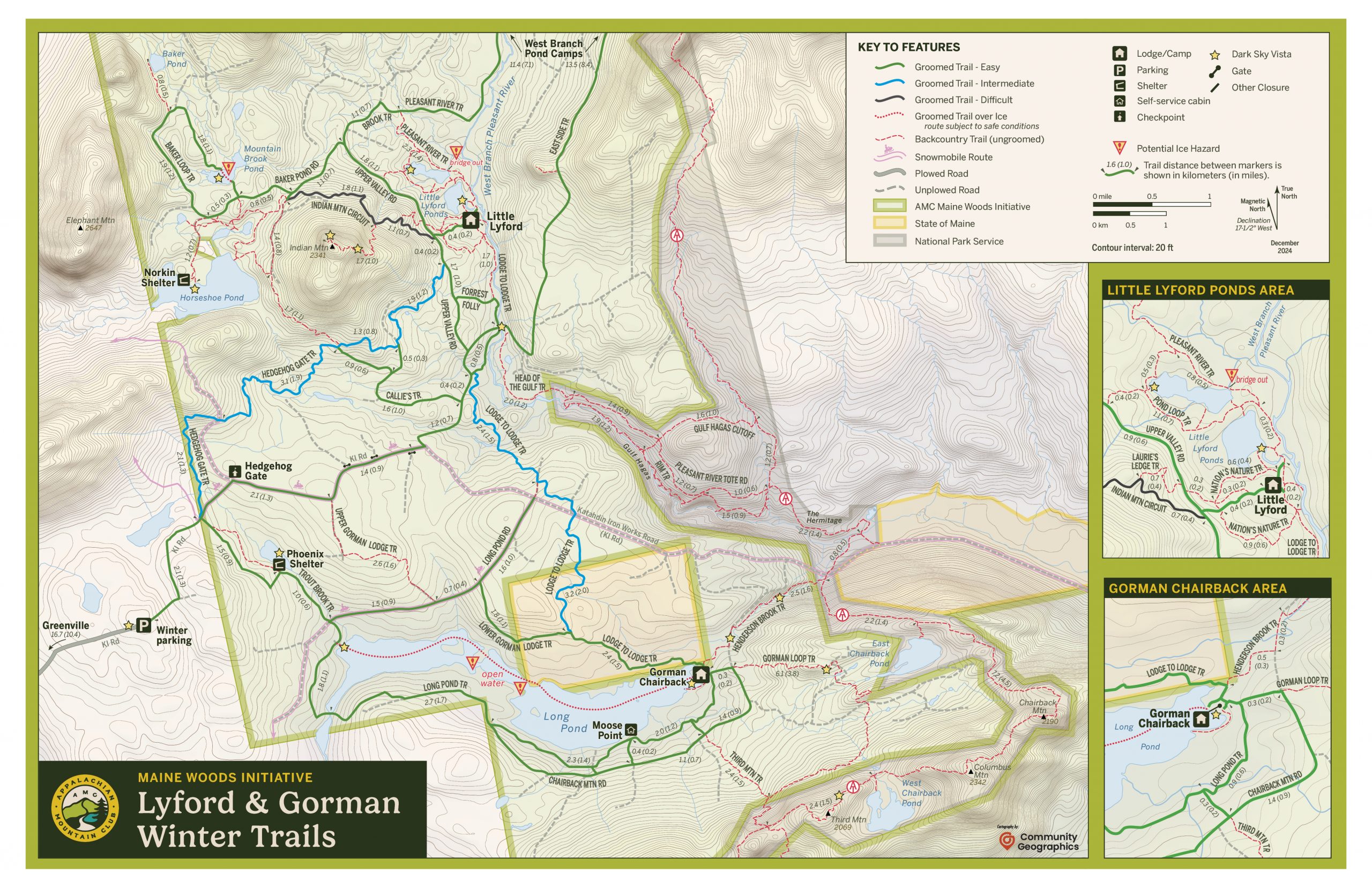 Ski trail map of the southern part of the Maine Woods Initiative